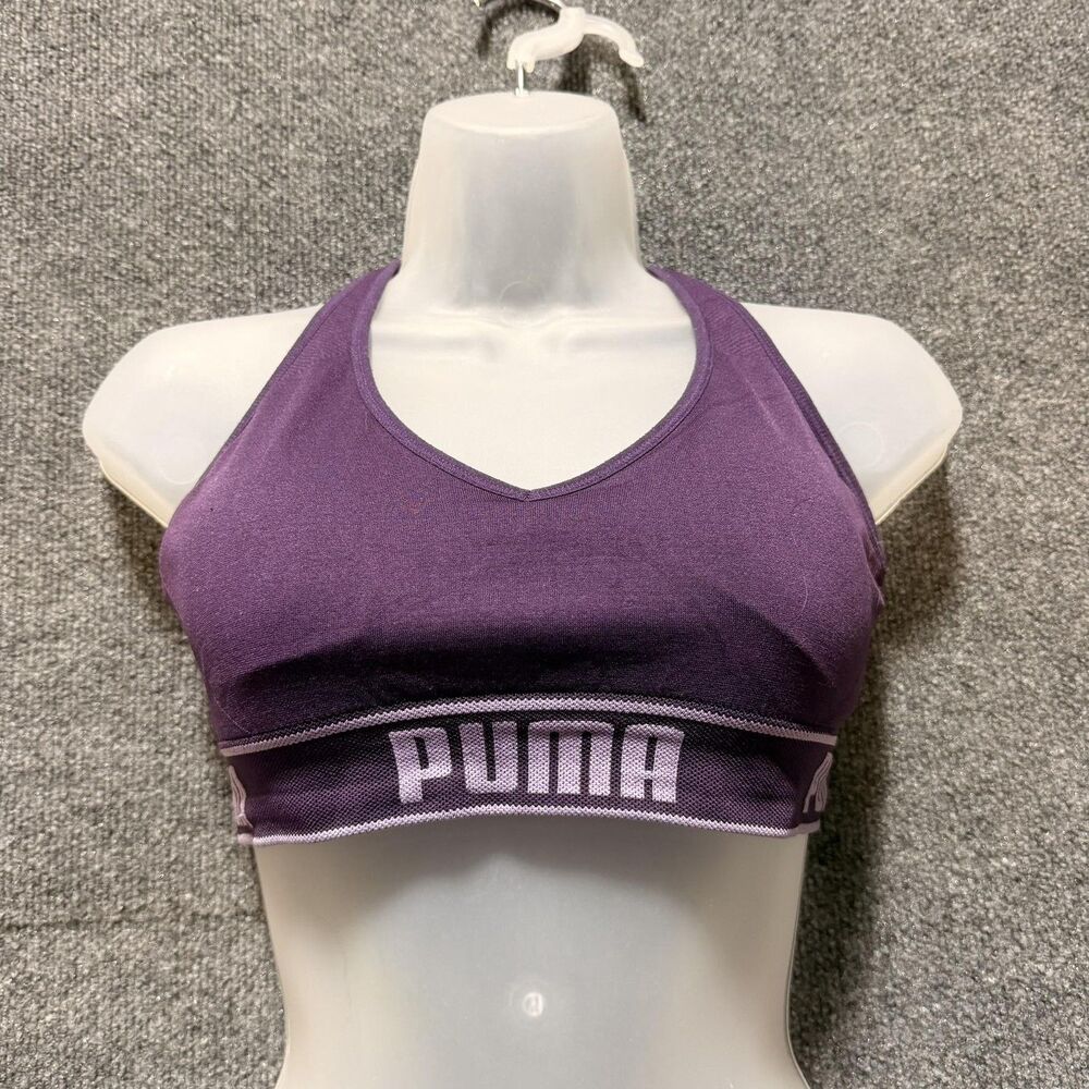 PUMA Sports Bra Womens Small Purple Crossback Logo Elastic Pullover Top Athletic - Picture 1 of 4